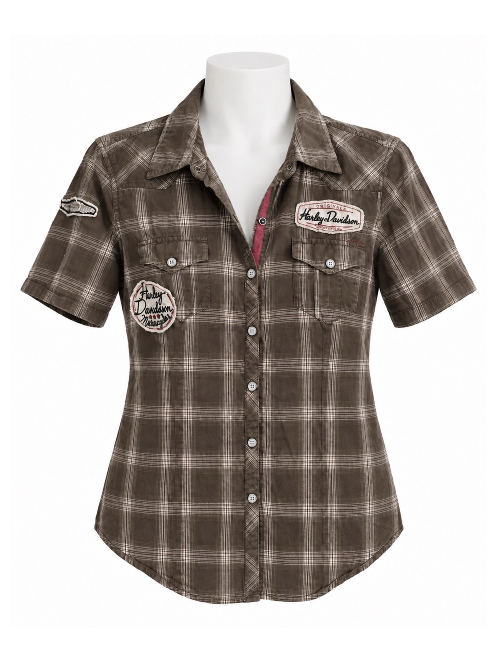 Size L Harley-Davidson Women’s Brown Plaid Roll-Tab Button-Up Shirt